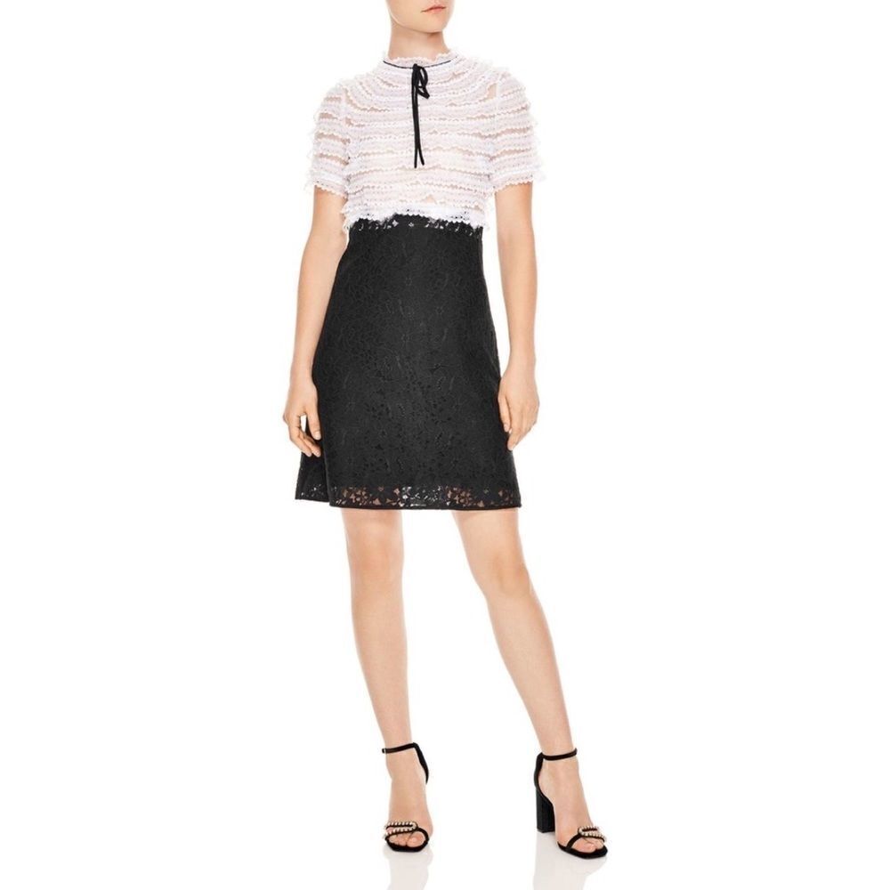Sandro Helsinki White Black Two Tone Lace Neck Tie Mini Dress XS - Picture 5 of 12
